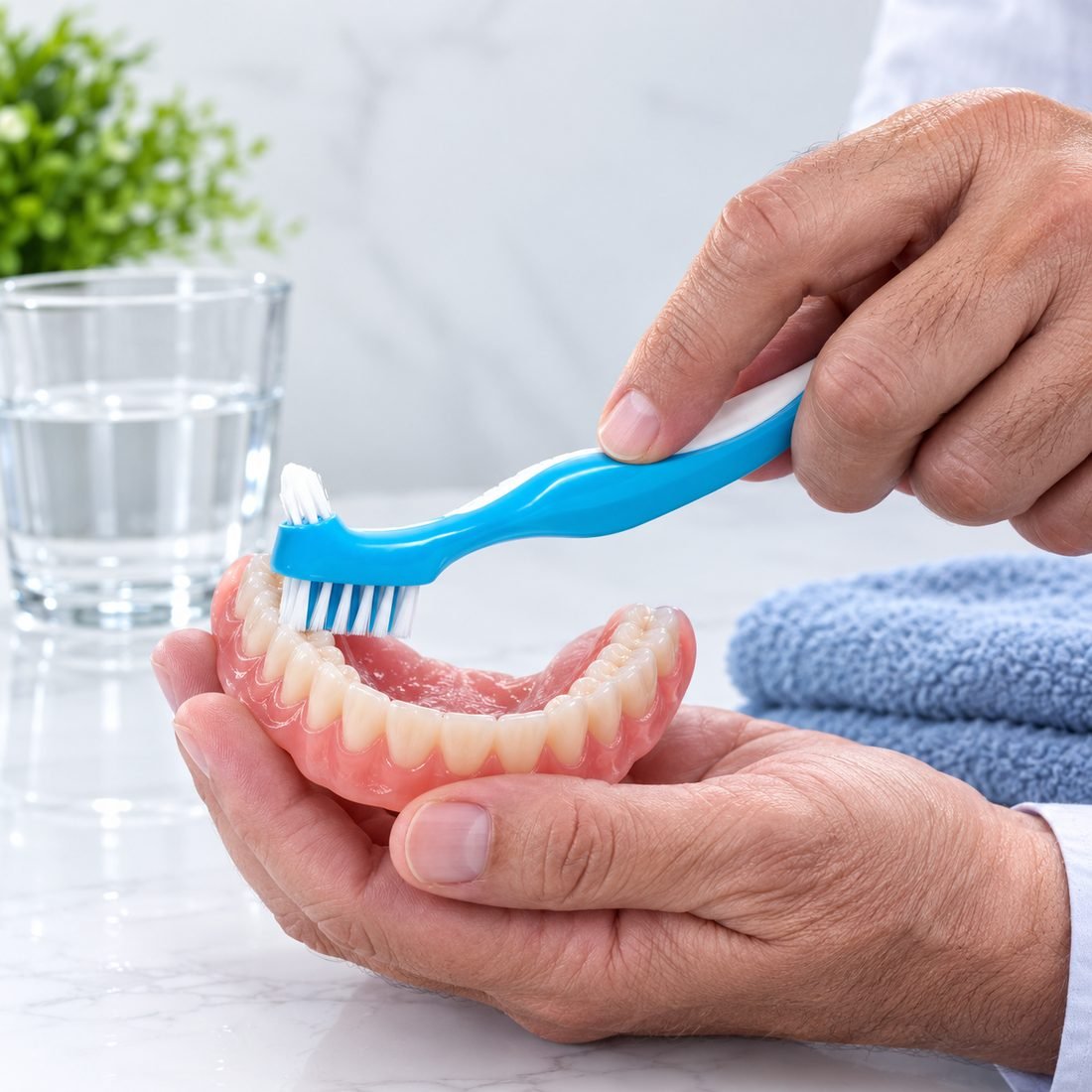 A man brushing at the bathroom mirror as part of a daily oral hygiene routine