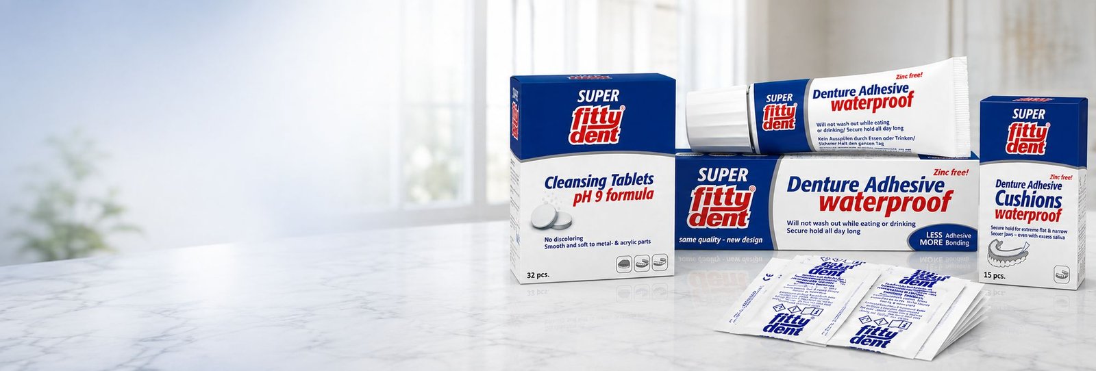 The Fittydent range — denture adhesive, cushions and cleansing tablets